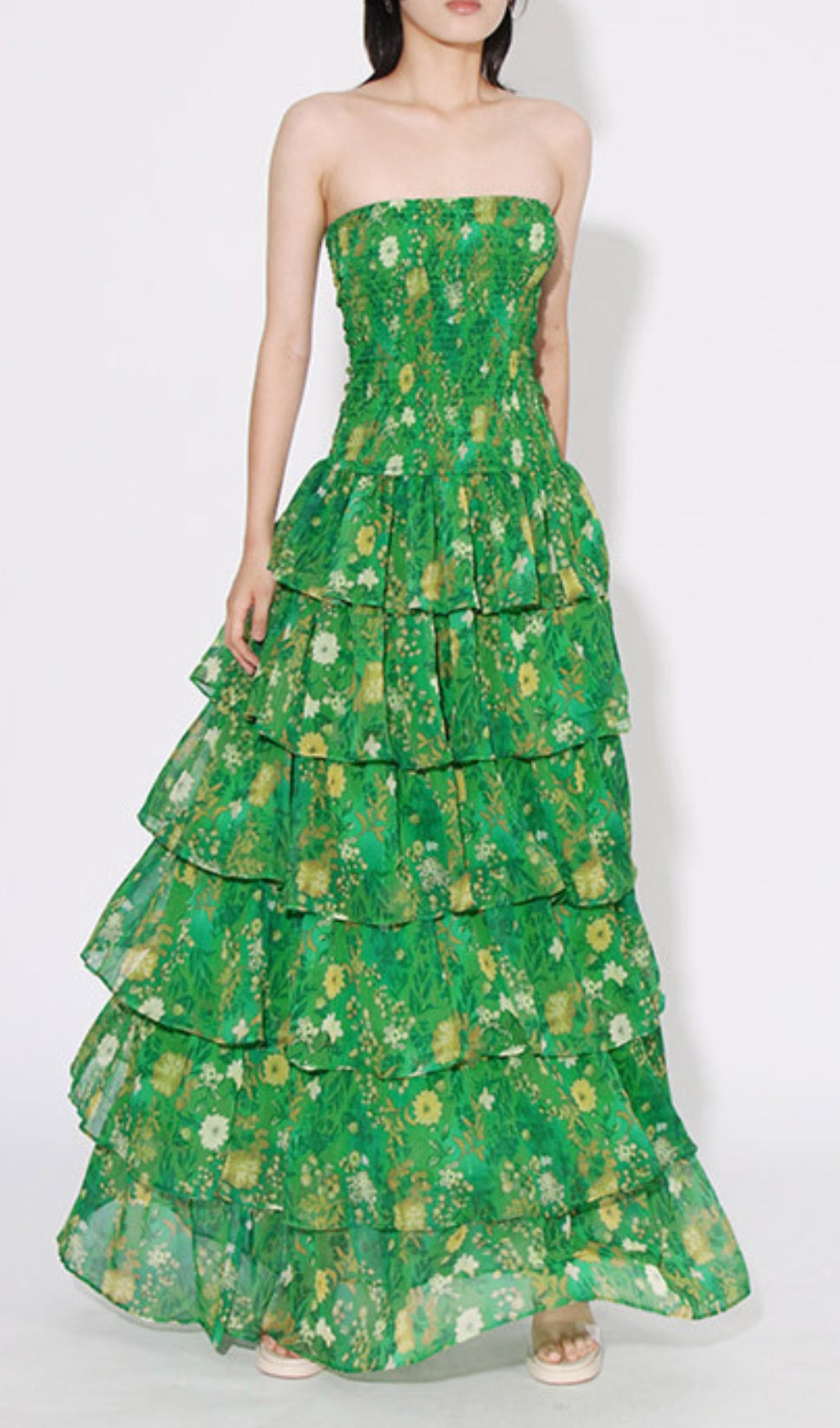 Fashionslee Women Bela Green Strapless Floral Ruffle Maxi Dress