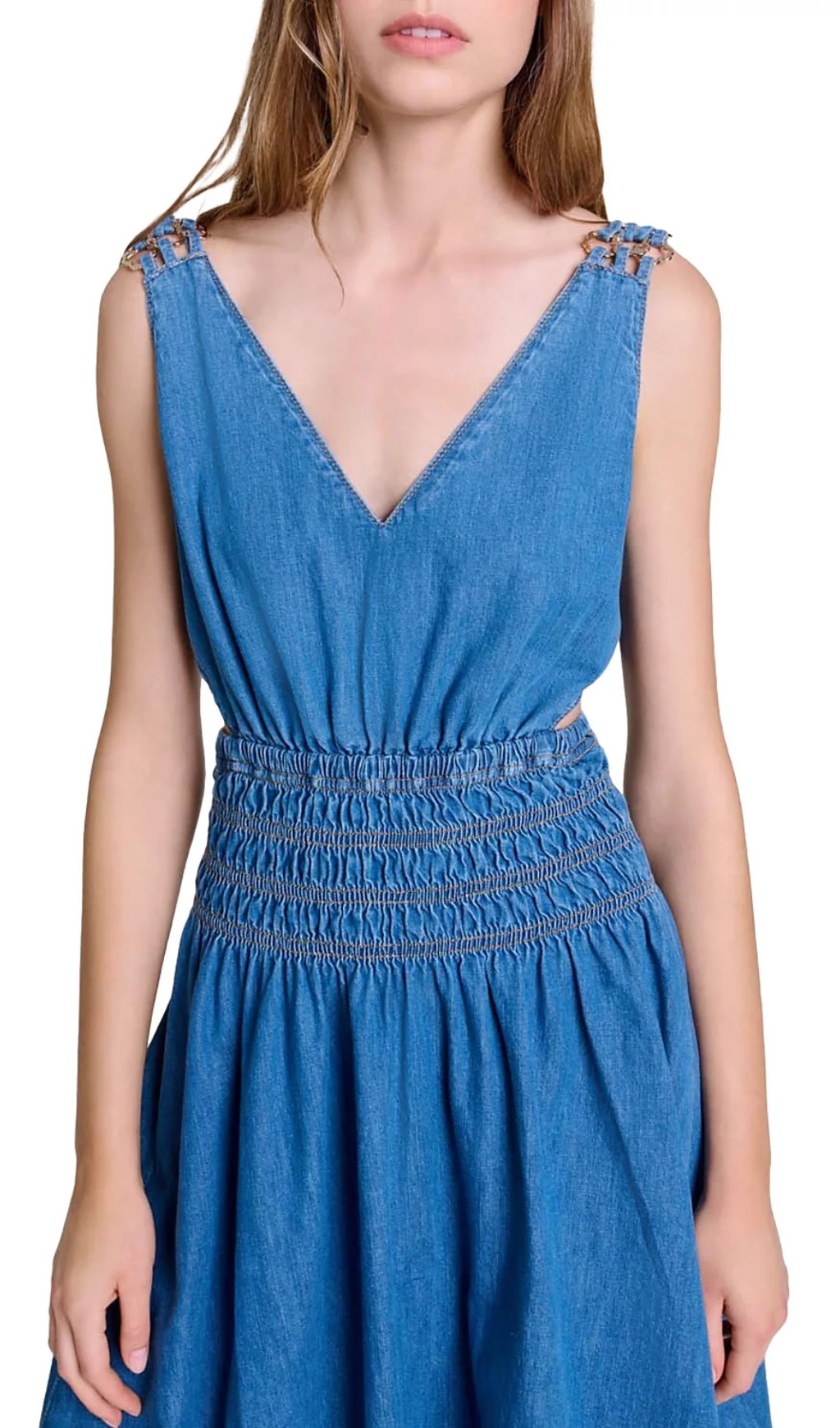 Fashionslee Women Runim Cutaway Denim Maxi Dress