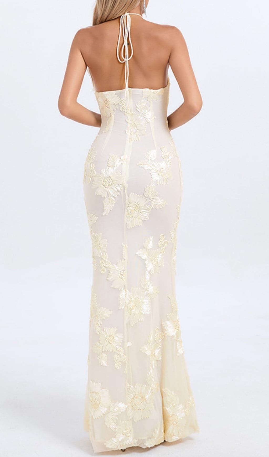 Fashionslee Women Bambi Ivory Halter Flower Maxi Dress