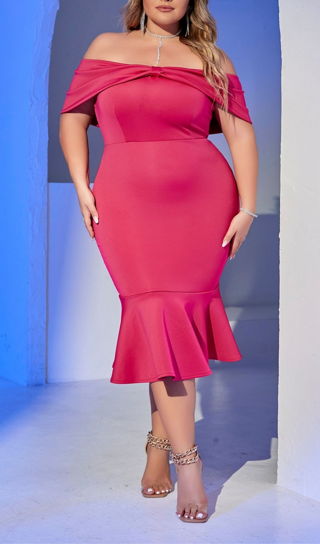 Fashionslee Women Laniakea Pink Off-Shoulder Plus Size Midi Dress