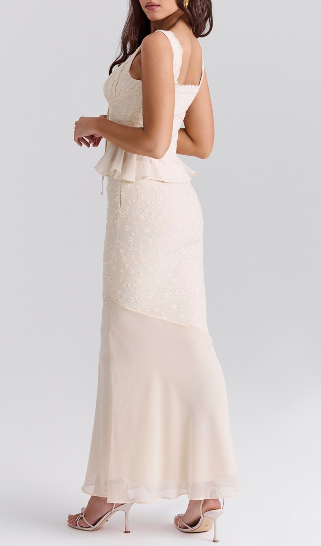 Fashionslee Women Bian Vintage Cream Cotton Broderie Anglais Maxi Skirt Set