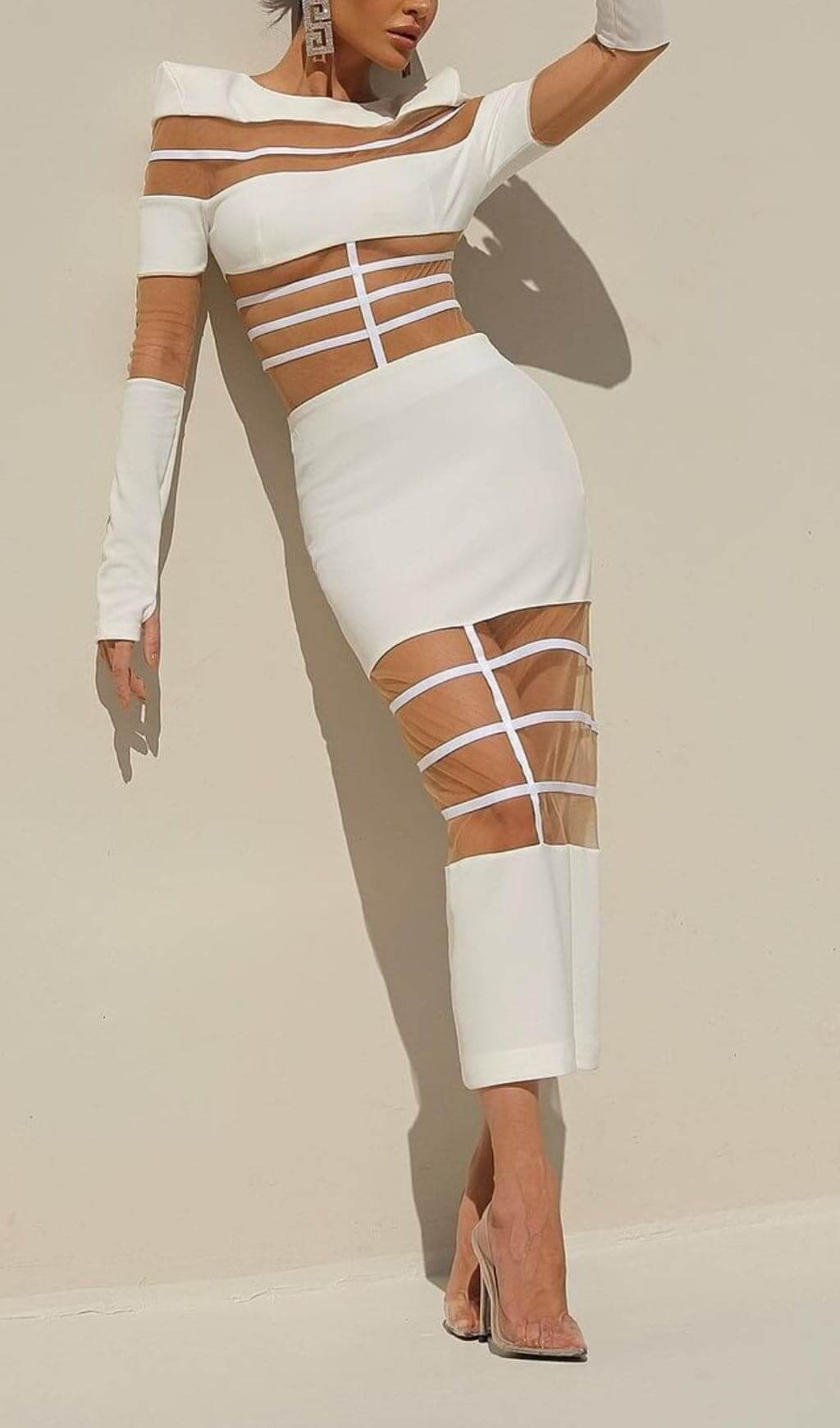 Fashionslee Women Banan Long Sleeve Mesh Bodycon Midi Dress