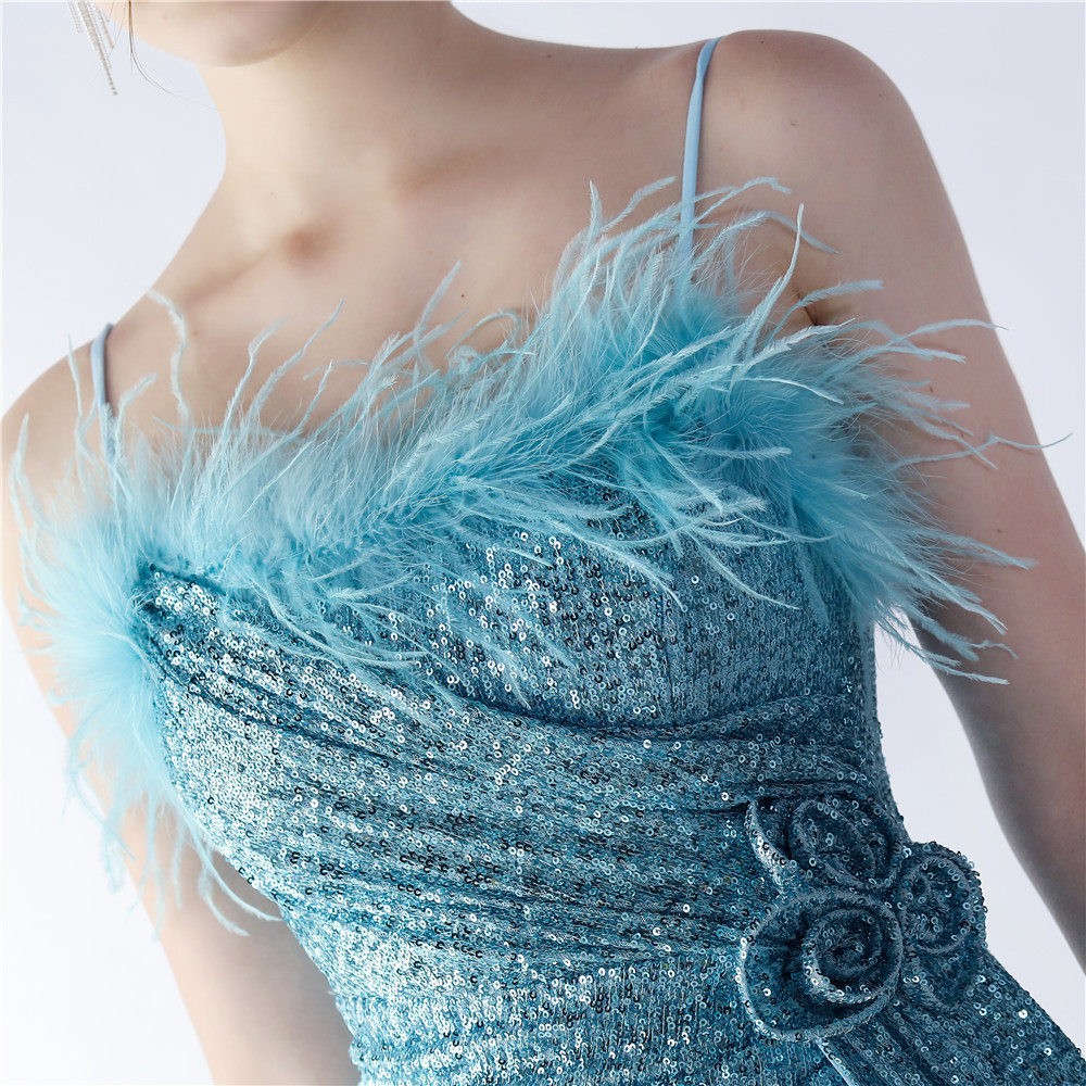 Fashionslee Women Chroma Blue Sequin Flower Feather Maxi Dress