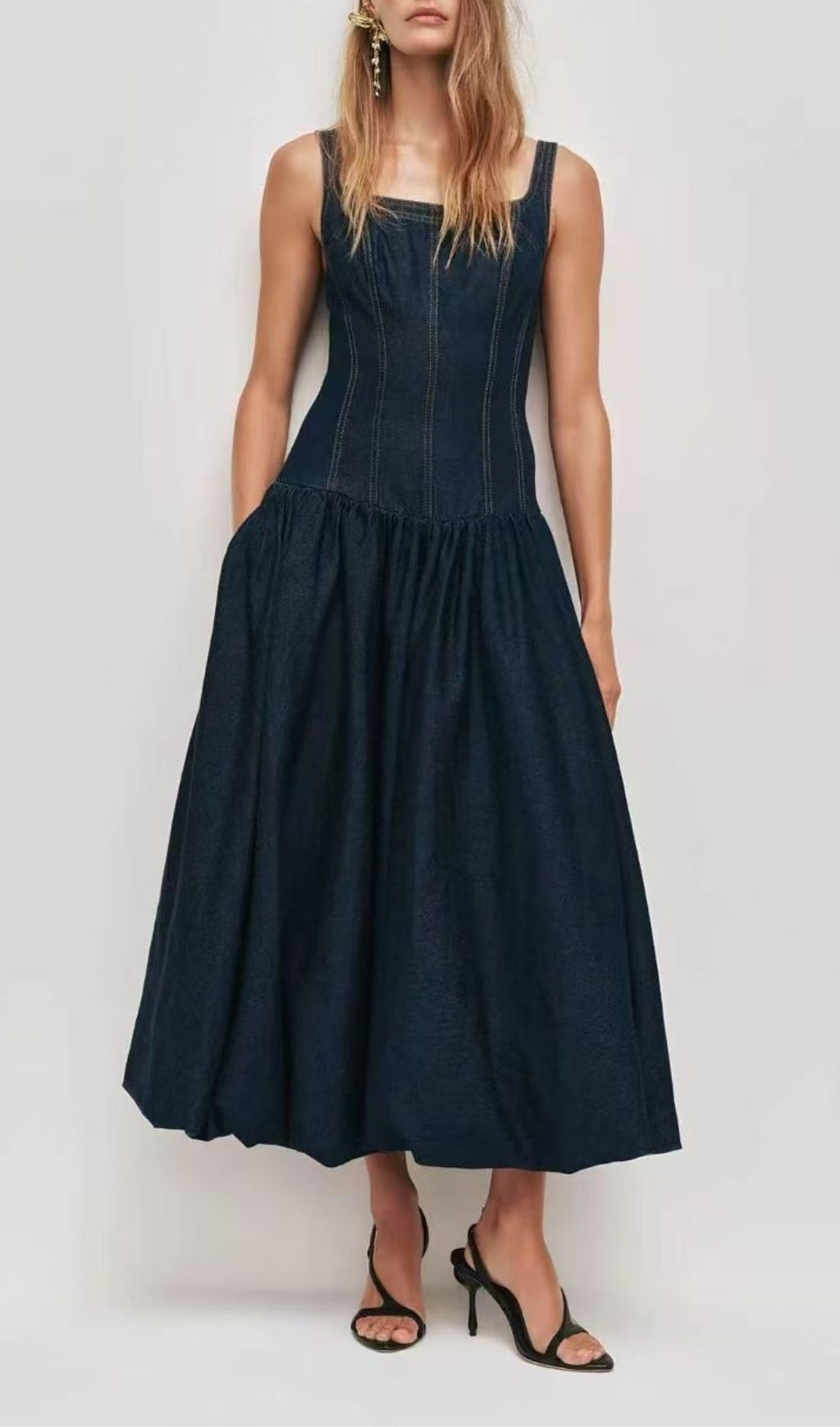 Fashionslee Women Larisa Square Neck Denim Midi Dress