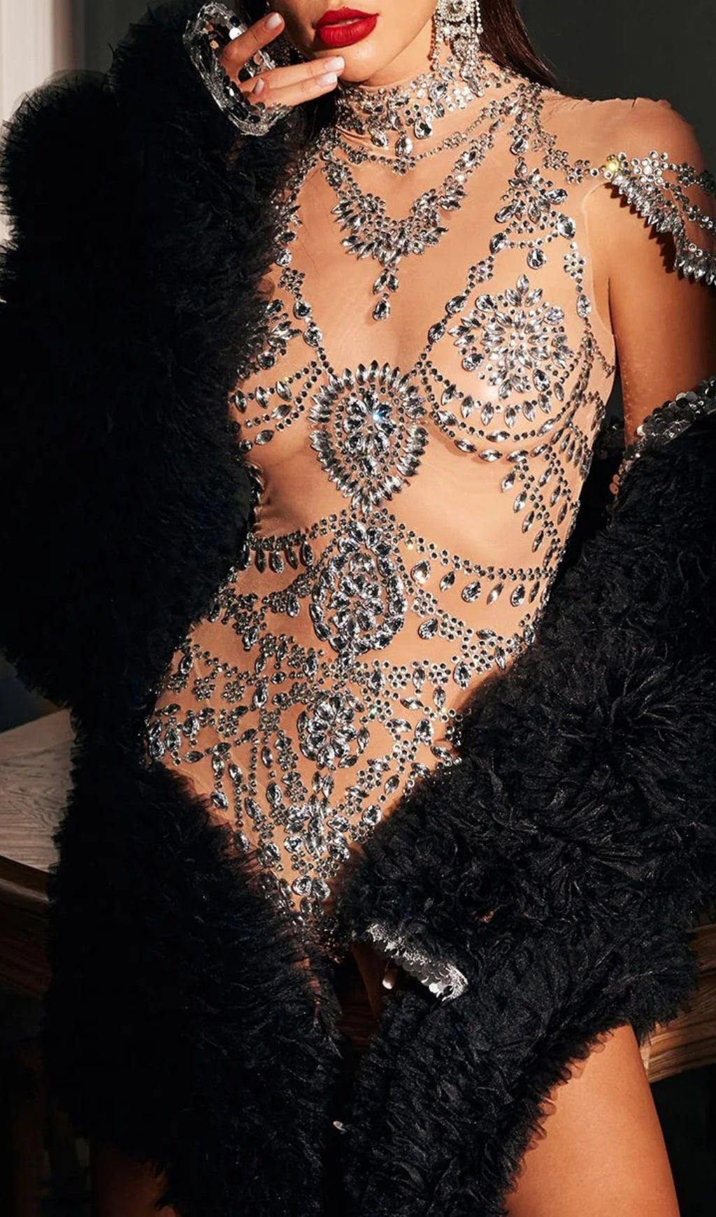 3f55b639fe8222e246c2cd17a8065e4f.jpeg Fashionslee Women Azalee High Neck Rhinestone Bodysuit