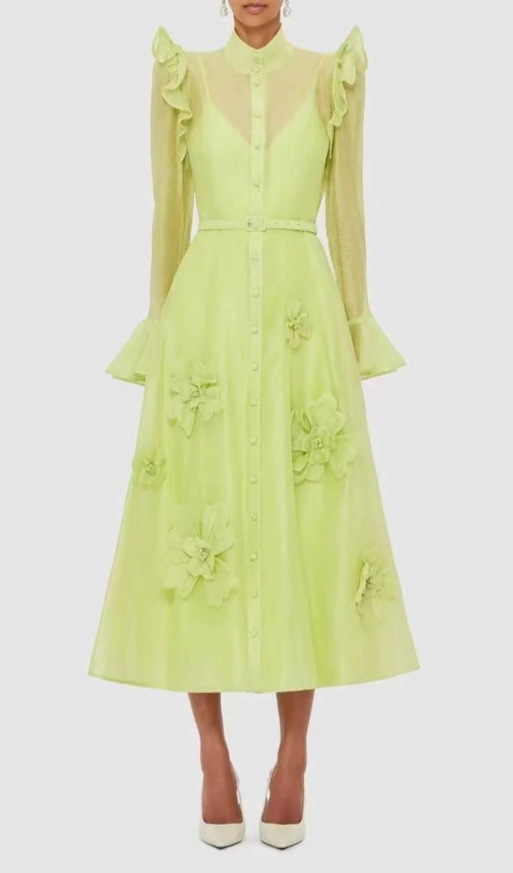 Fashionslee Women Elula Green Long Sleeve Flower Midi Dress