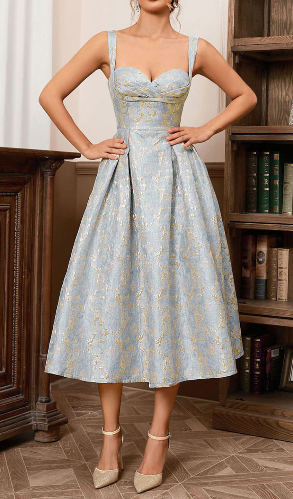 Fashionslee Women Avon A Line Midi Dress Gold Aqua