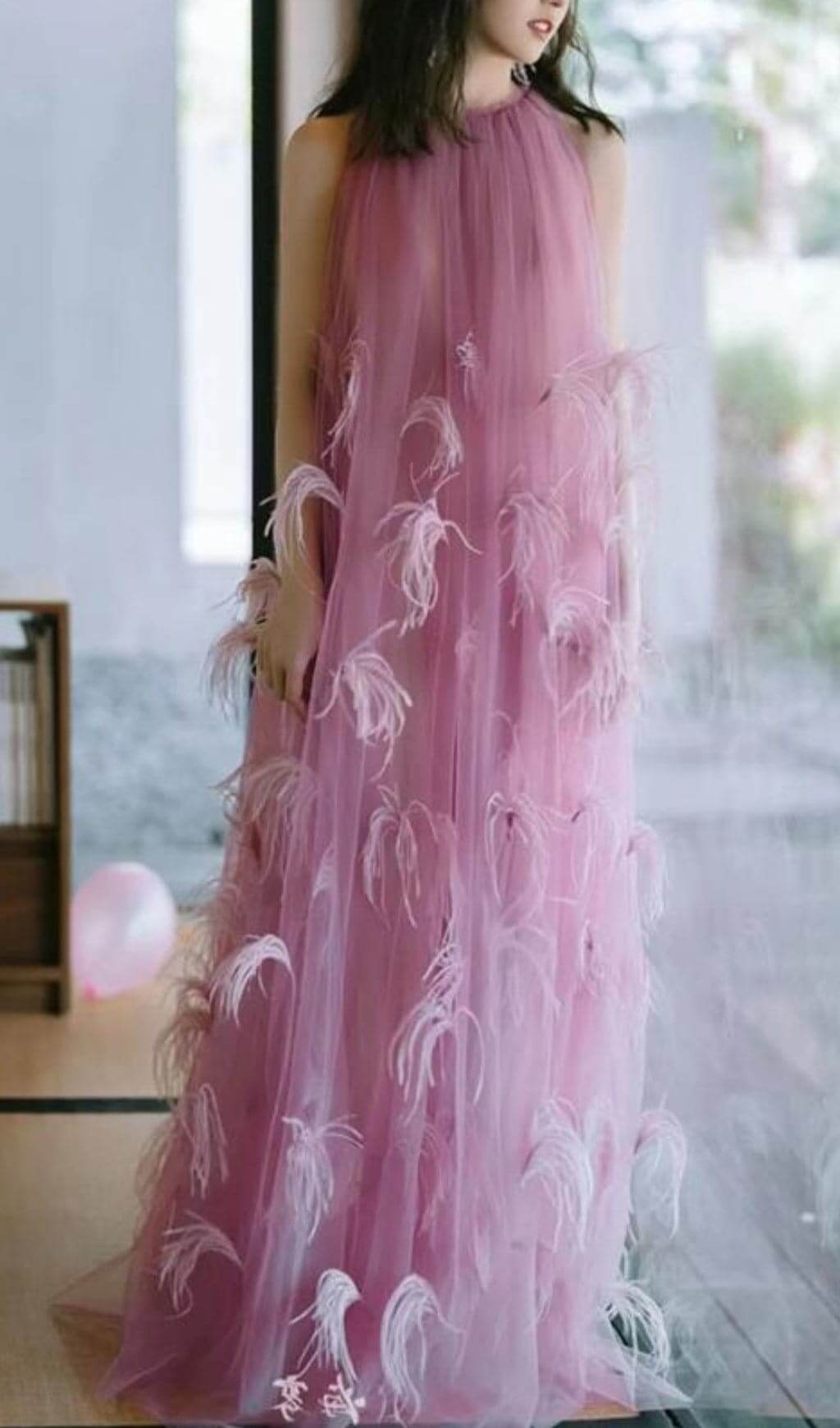 Fashionslee Women Bathsheba Feather Mesh Maxi Dress