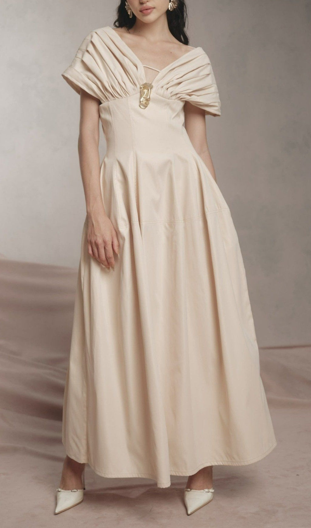 Fashionslee Women Atalie Ruched Shoulder Maxi Dress