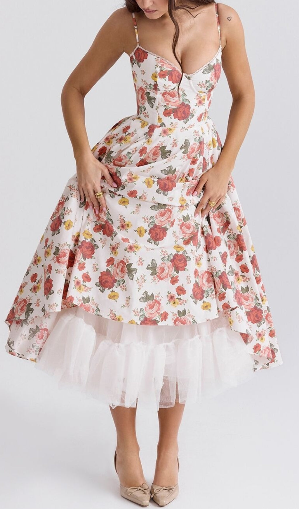 Fashionslee Women Aqua Rose Print Tulle Midi Dress