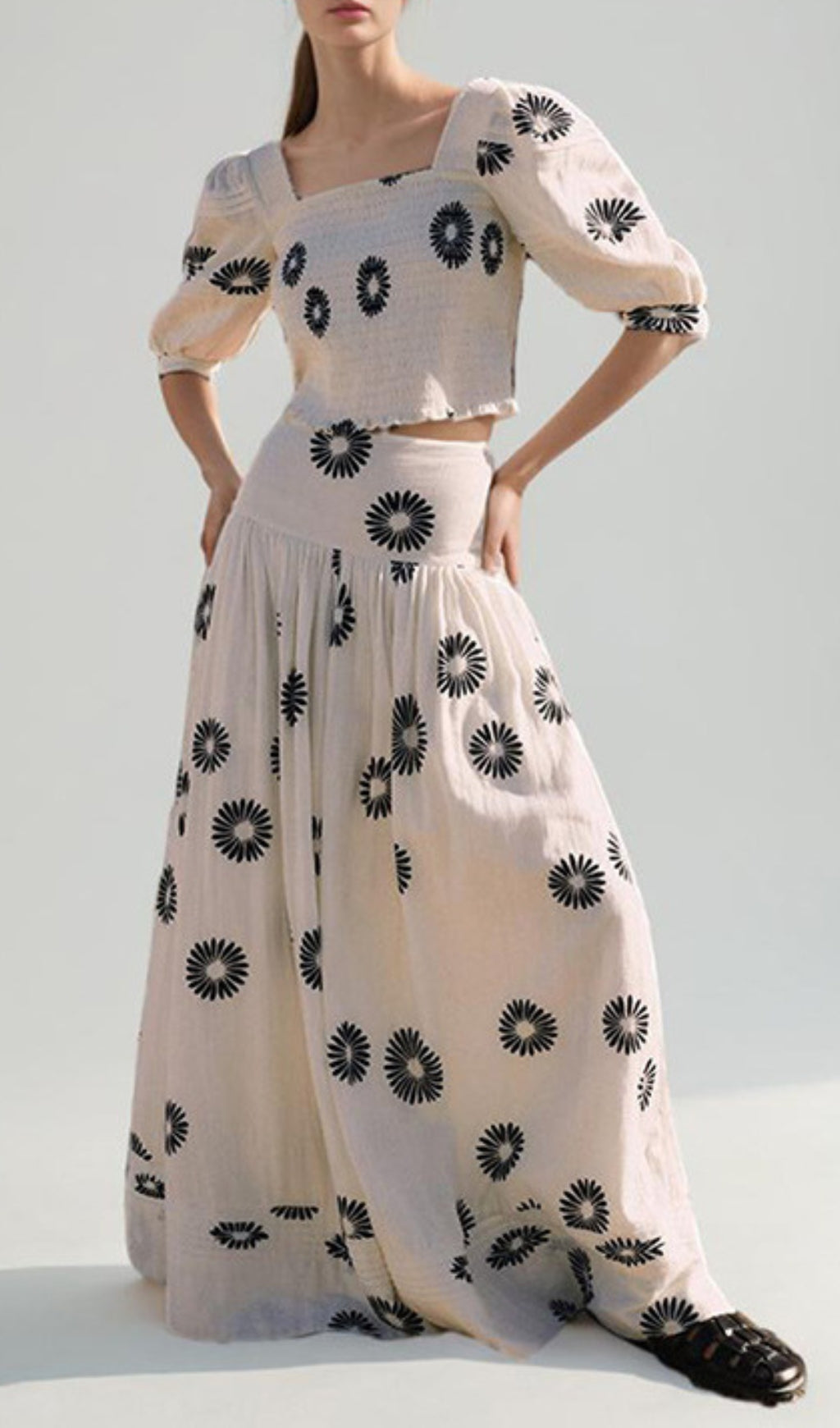 Fashionslee Women Blossom White Printed Maxi Skirt Set