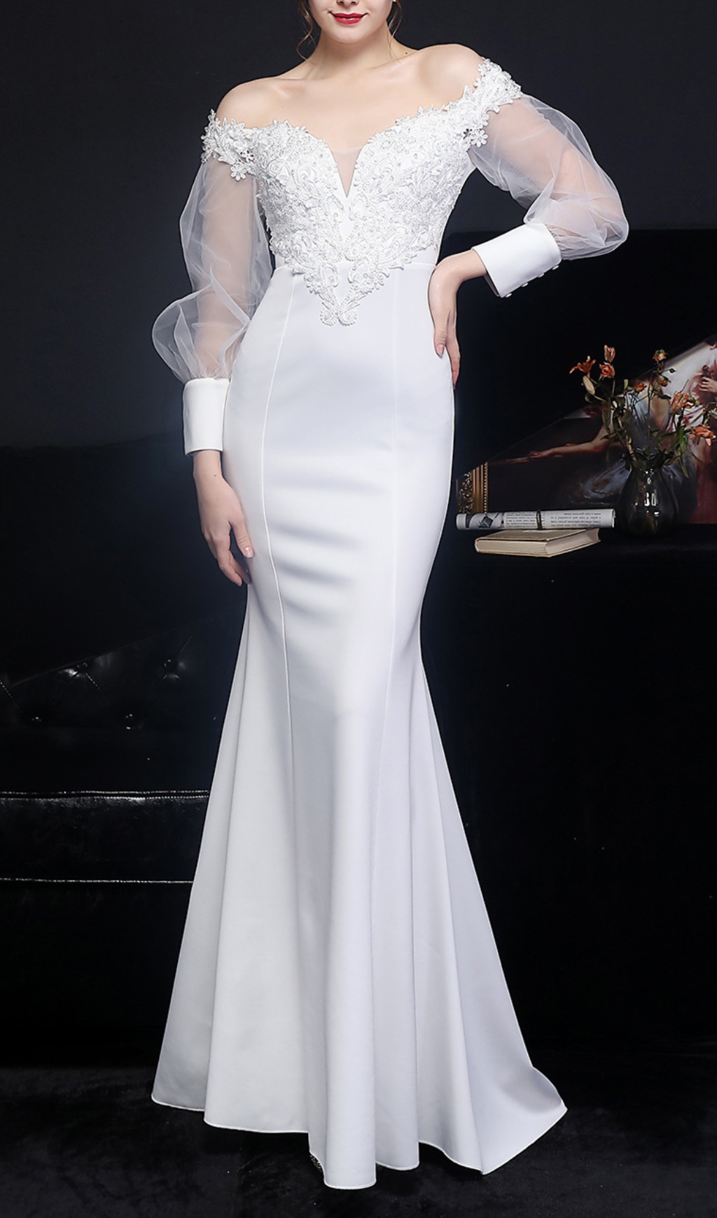Fashionslee Women Chryse White Flower Embroidery Maxi Wedding Dress