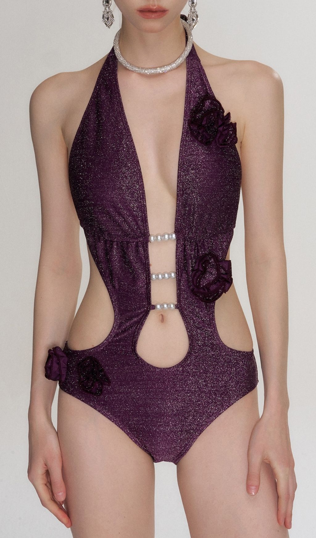 Fashionslee Women LaTavia Purple Halter Flower One-Piece Swimsuit