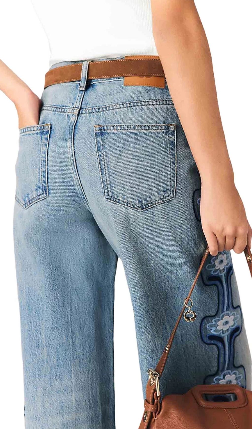 Fashionslee Women Pintbrode Floral Embroidered Wide Leg Jeans in Blue