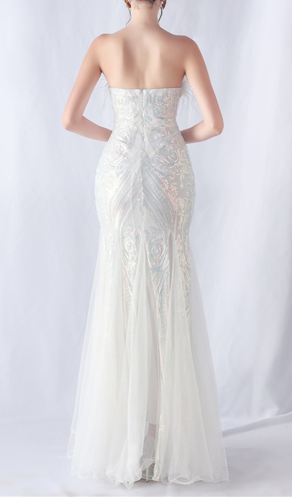 Fashionslee Women Choire White Sequin Feather Maxi Dress