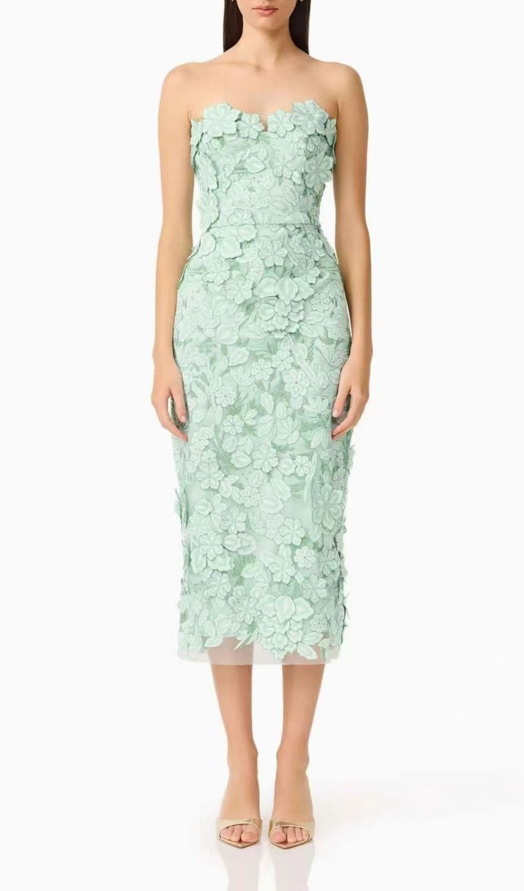 Fashionslee Women Larissa Green Strapless Flower Embroidery Midi Dress