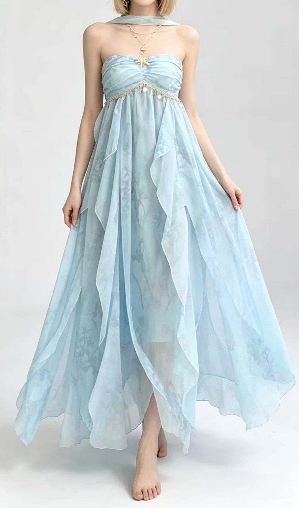 LAVERNA BLUE STRAPLESS PRINTED MAXI DRESS FOR SUMMER - OWNCI LAVERNA BLUE STRAPLESS PRINTED MAXI DRESS FOR SUMMER - OWNCI