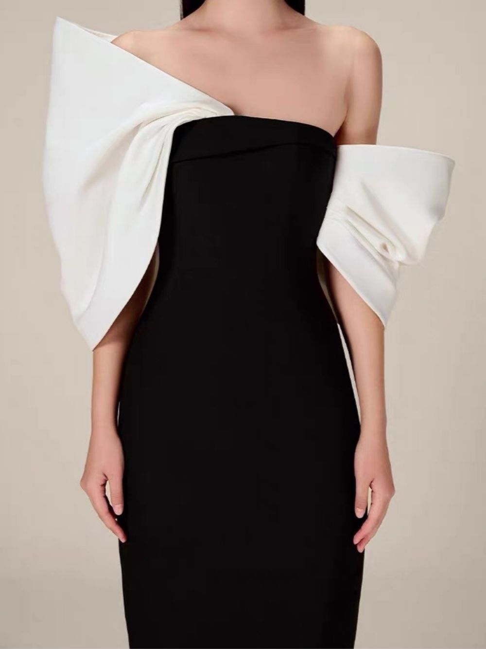 VINTAGE OFF-SHOULDER MIDI DRESS IN SATIN - OWNCI