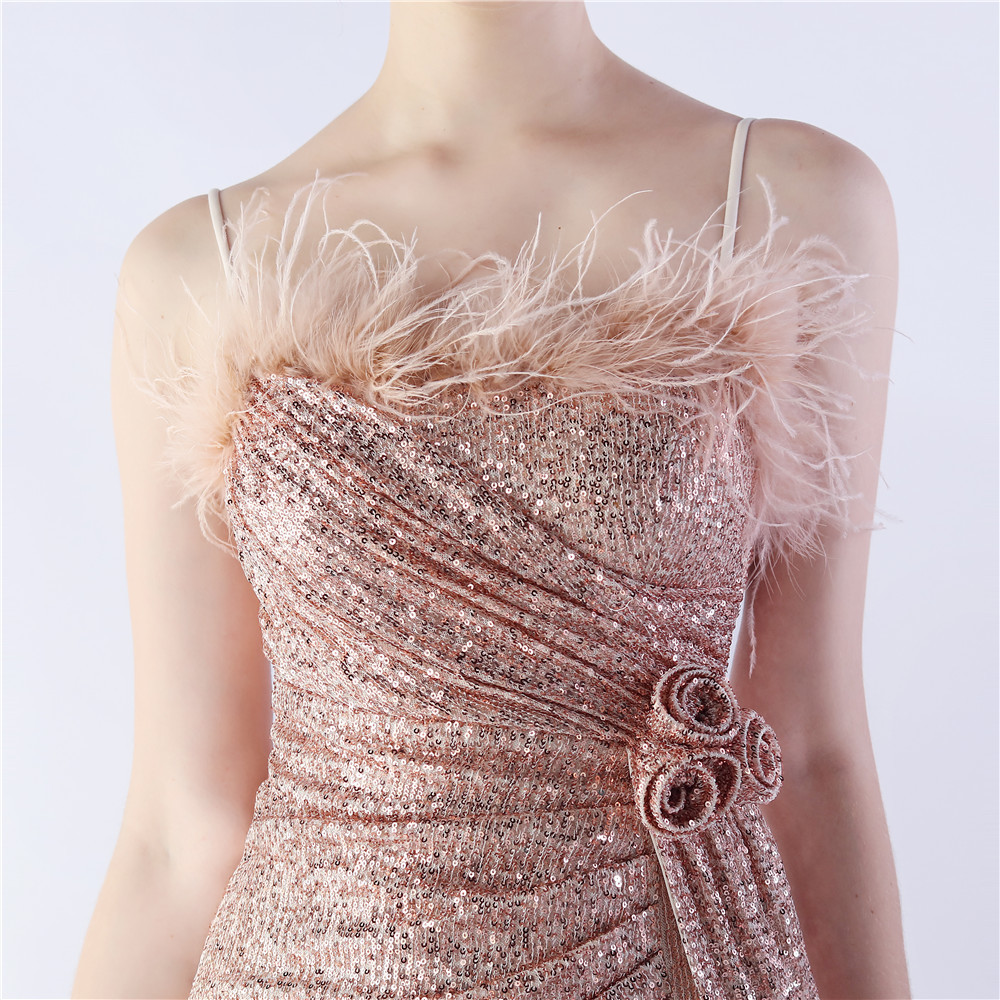 Fashionslee Women Chroma Gold Sequin Flower Feather Maxi Dress