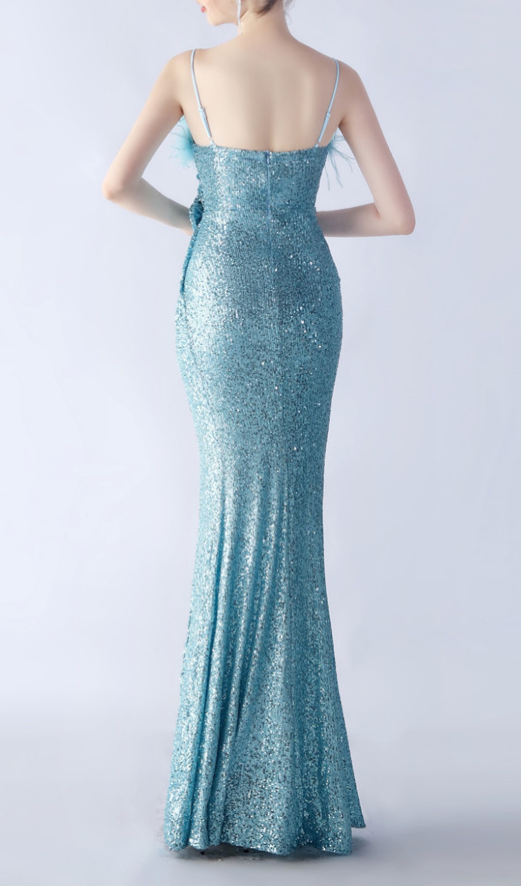 Fashionslee Women Chroma Blue Sequin Flower Feather Maxi Dress