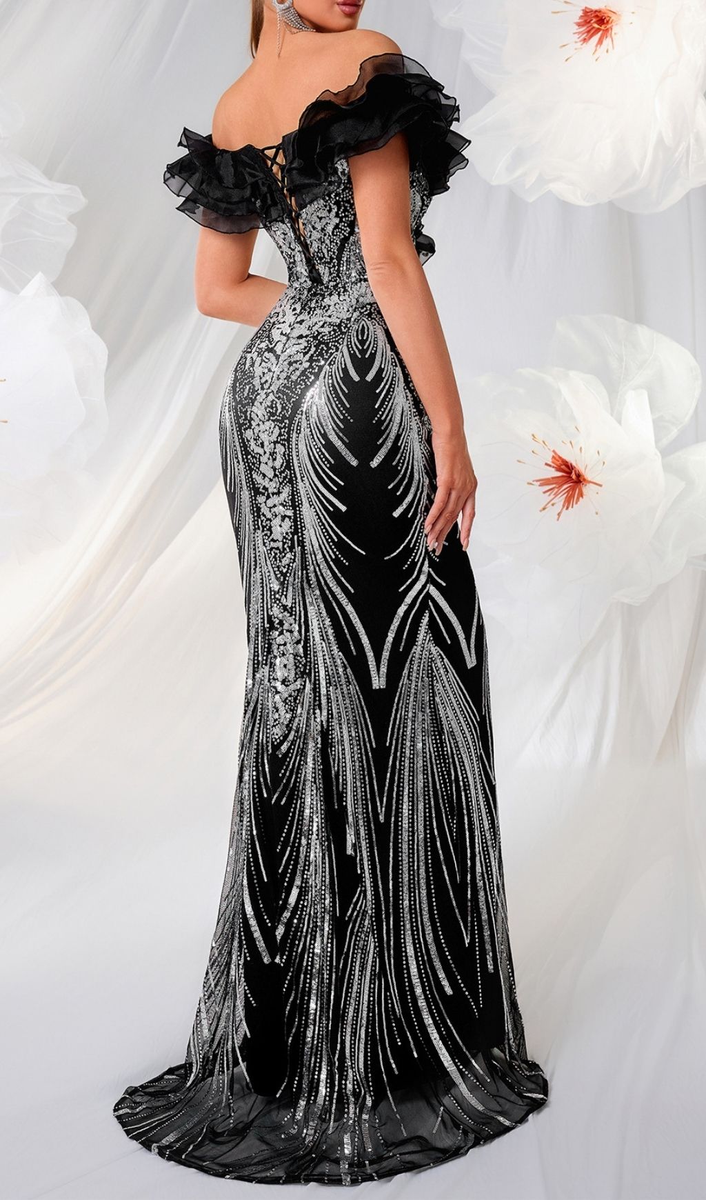 Fashionslee Women Lamis Off-Shoulder Sequin Mesh Gown