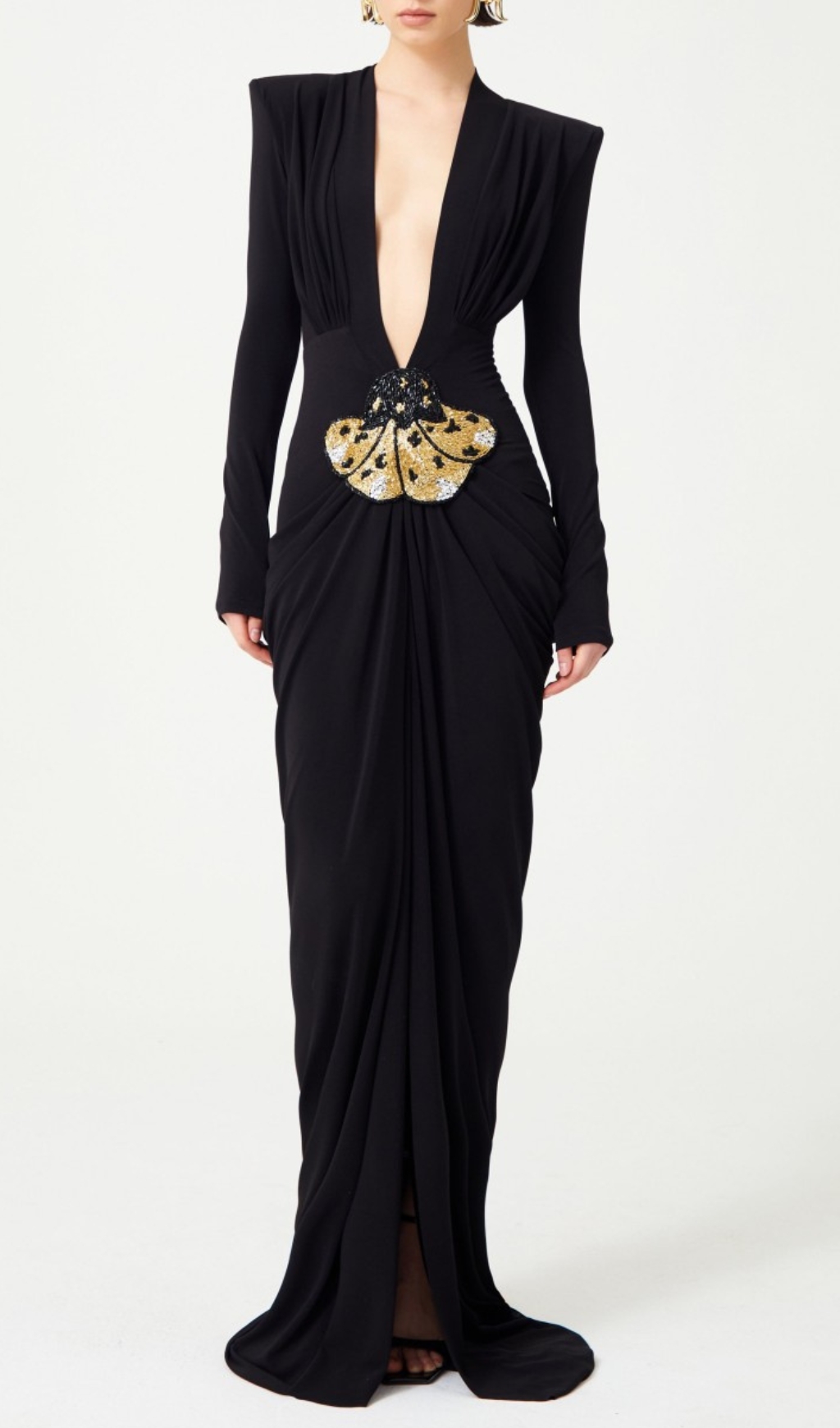 Fashionslee Women Ceana Black Deep-V Neck Long Sleeve Maxi Dress