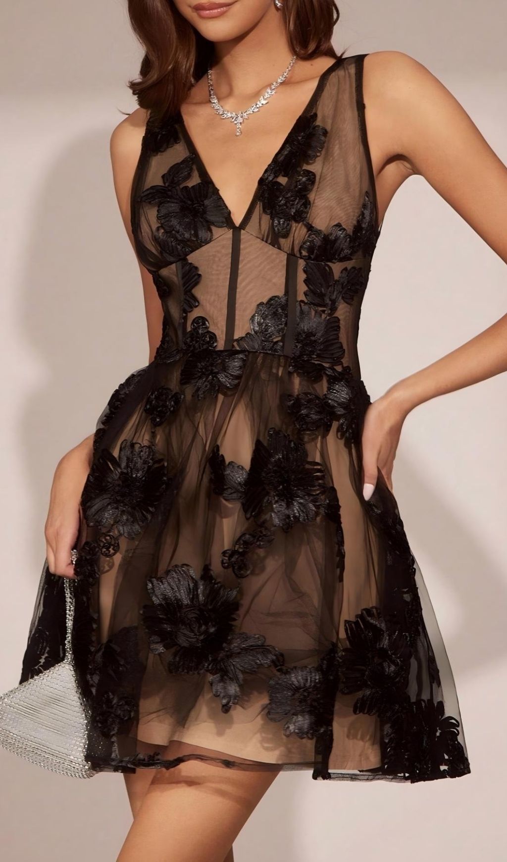 Fashionslee Women Lamaria Black Sleeveless Flower Mesh Mini Dress