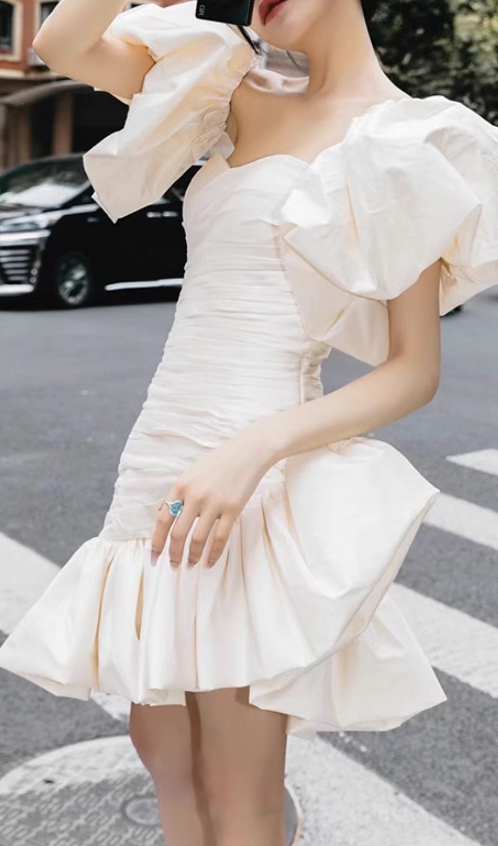 Fashionslee Women Colina White Puff Sleeve Ruched Mini Dress