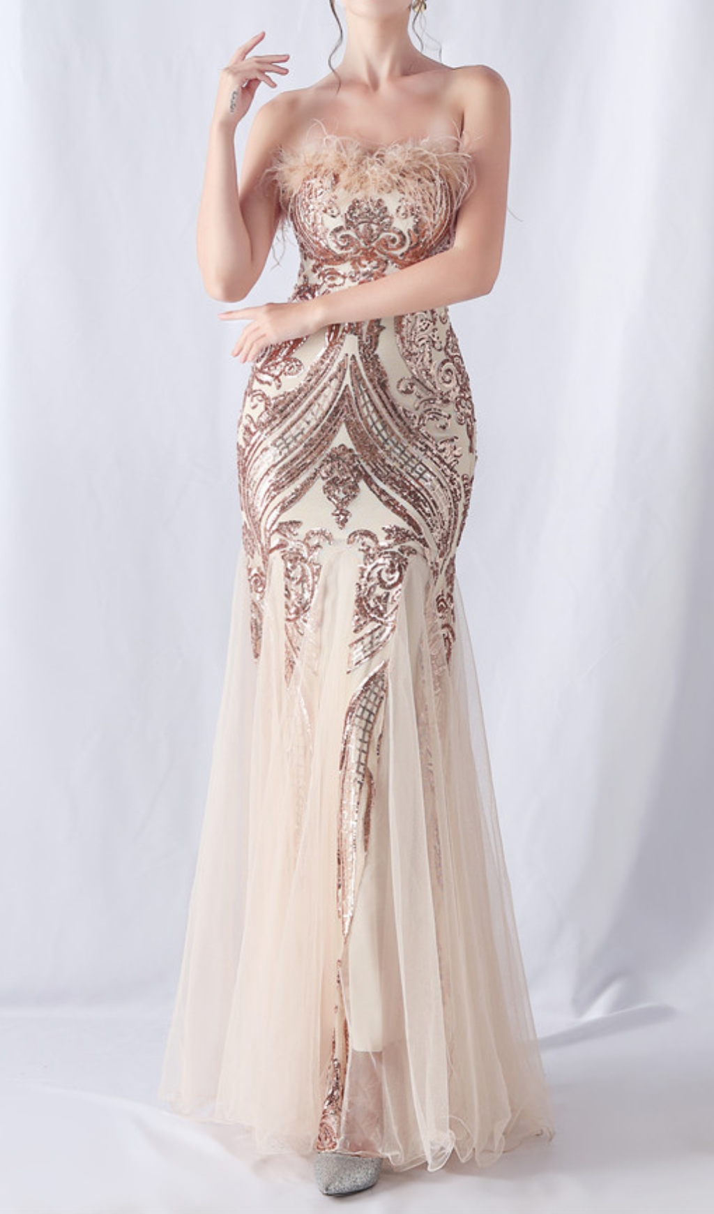 Fashionslee Women Choire Champagne Sequin Feather Maxi Dress