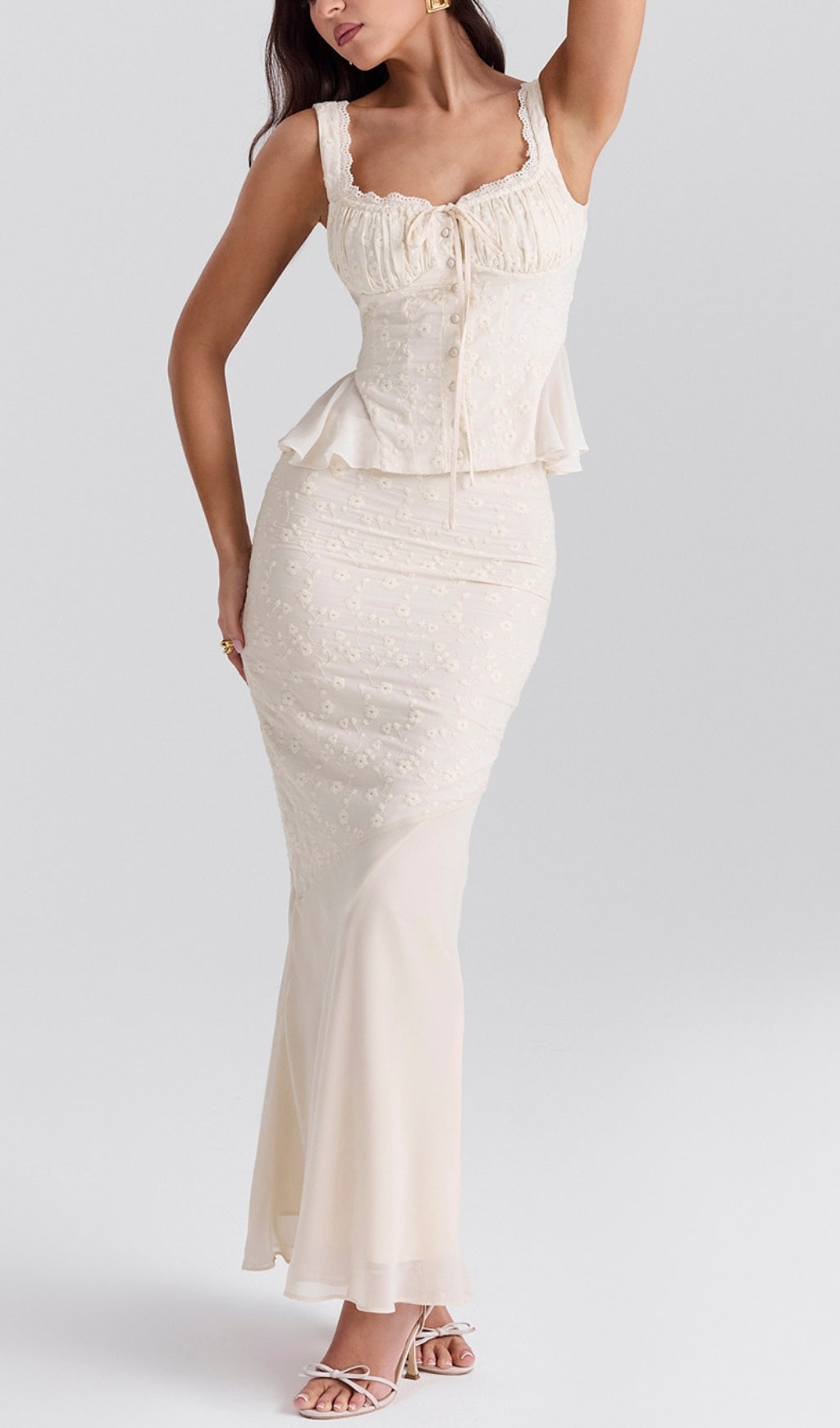 Fashionslee Women Bian Vintage Cream Cotton Broderie Anglais Maxi Skirt Set