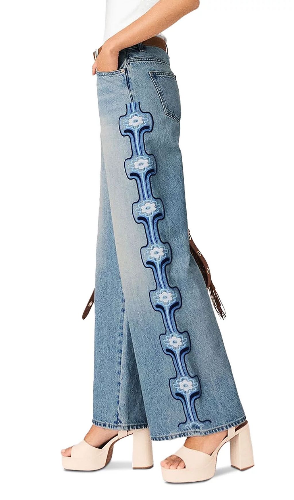 Fashionslee Women Pintbrode Floral Embroidered Wide Leg Jeans in Blue
