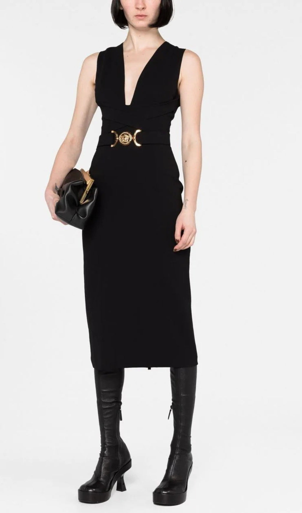 Fashionslee Women Buffy Black Gold Belt Bandage Midi Dress