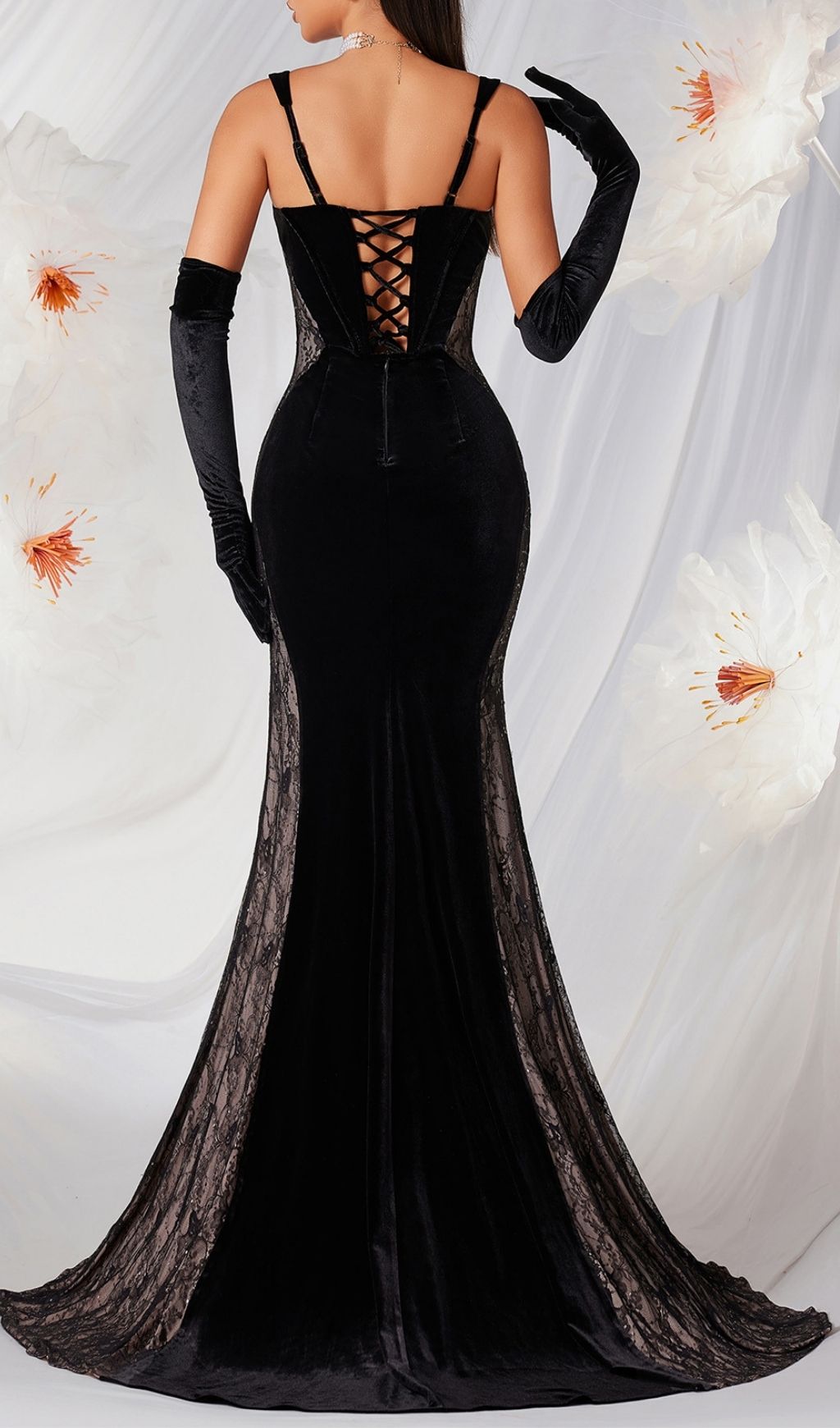 Fashionslee Women Lana Black Strappy Corset Velvet Lace Gown