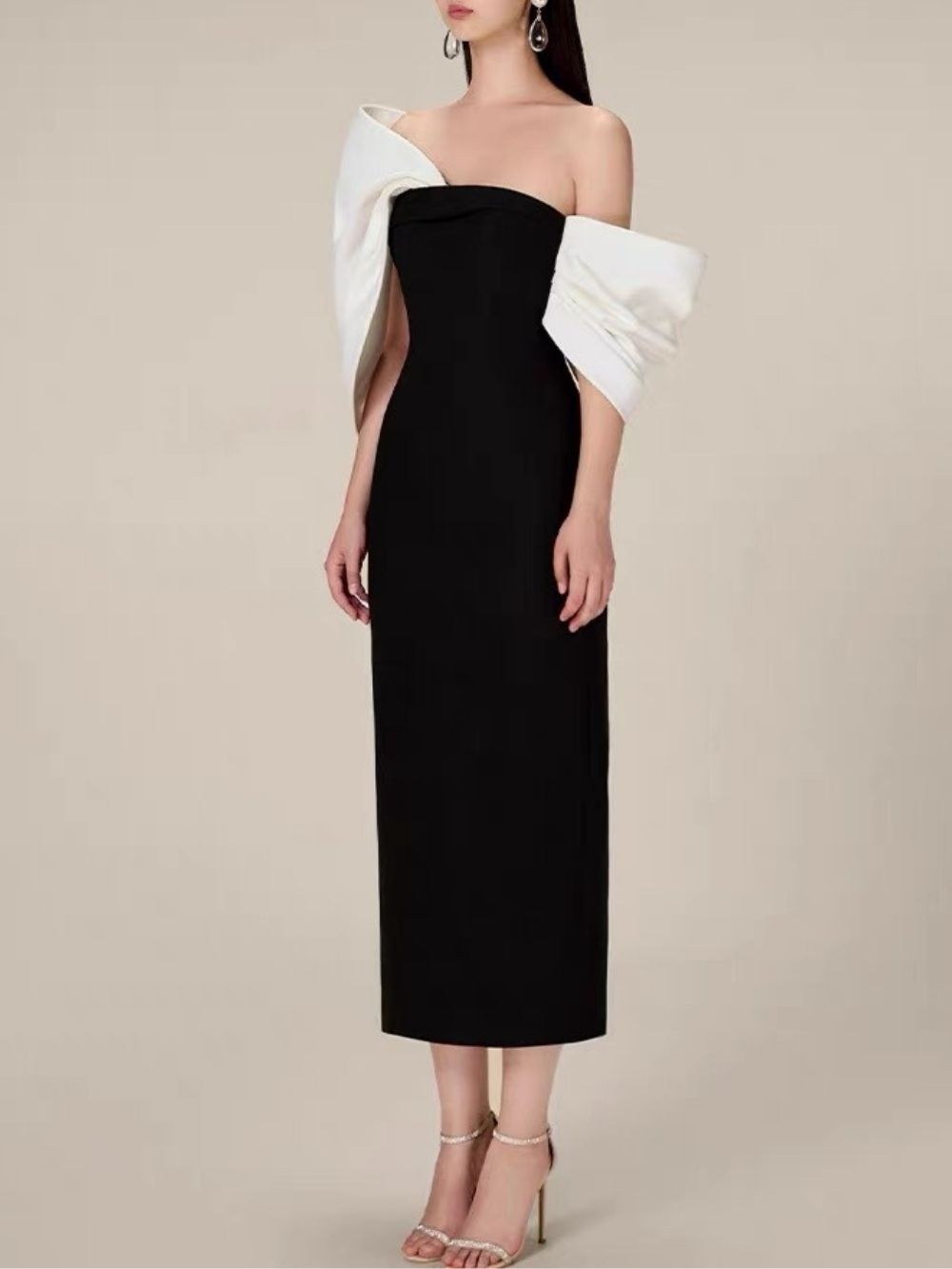 VINTAGE OFF-SHOULDER MIDI DRESS IN SATIN - OWNCI