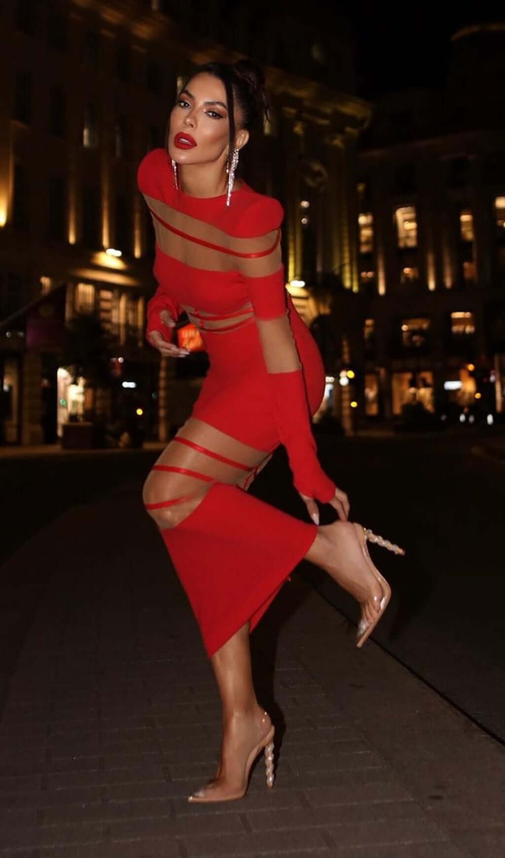 Fashionslee Women Banan Long Sleeve Mesh Bodycon Midi Dress