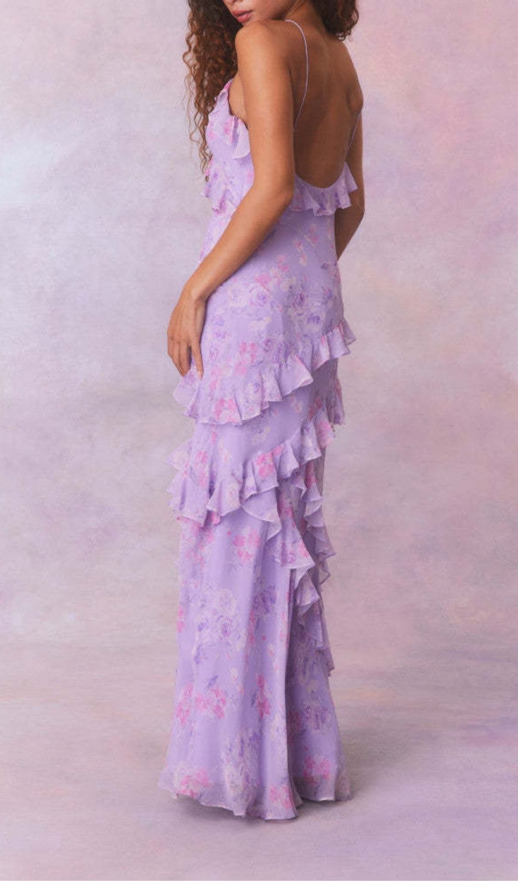 Fashionslee Women Labonita Purple Floral Ruffle Maxi Dress