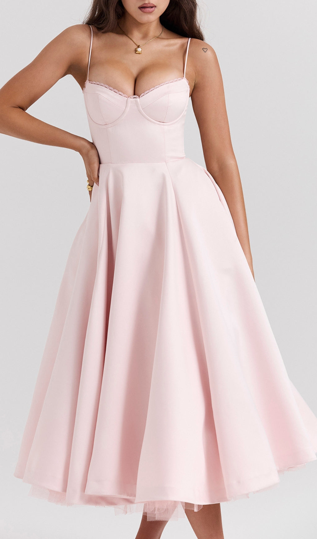 61bedbdec019a92bd54b34d80f34a628.jpeg Fashionslee Women Alodia Pink Mesh Hem Midi Dress
