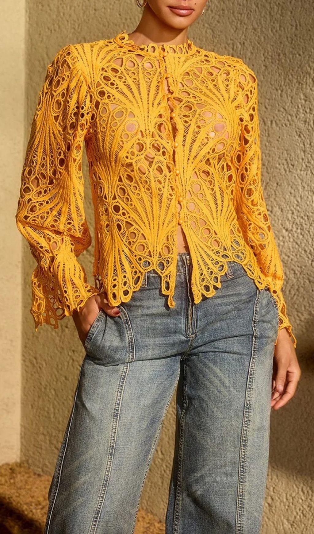 Fashionslee Women Lysendral Long Sleeve Crochet Top In Yellow