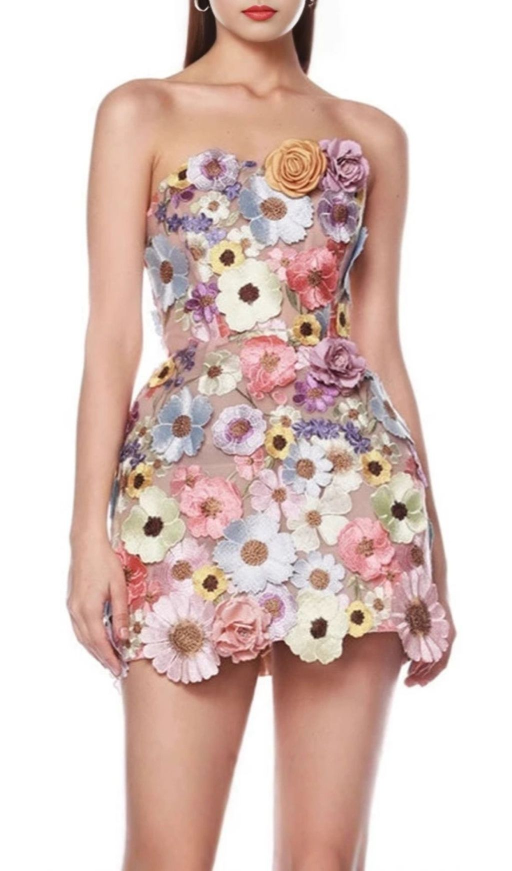Fashionslee Women Laasya Pink Strapless Flower Embroidery Mini Dress