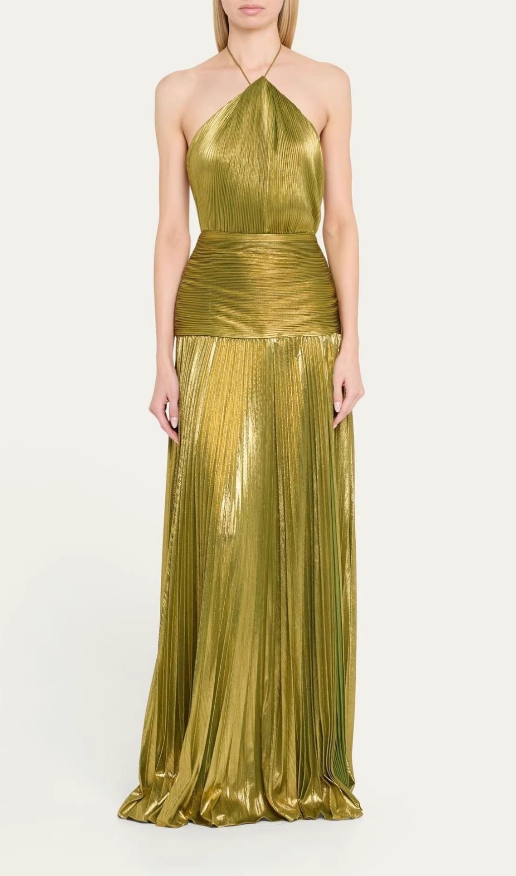 Fashionslee Women Syriona Halterneck Split Pleated Metallic Maxi Dress In Green