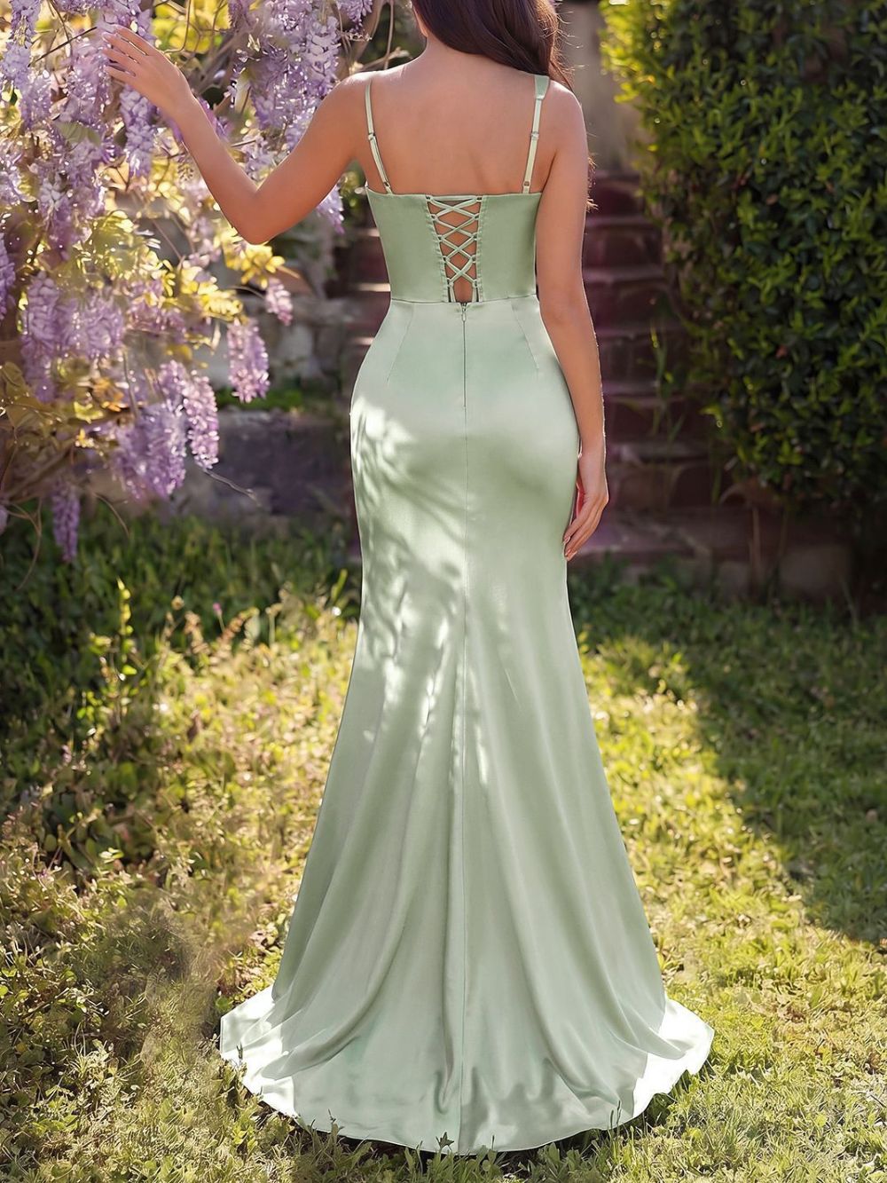 LALE GREEN SATIN CORSET STRAP MAXI DRESS - OWNCI