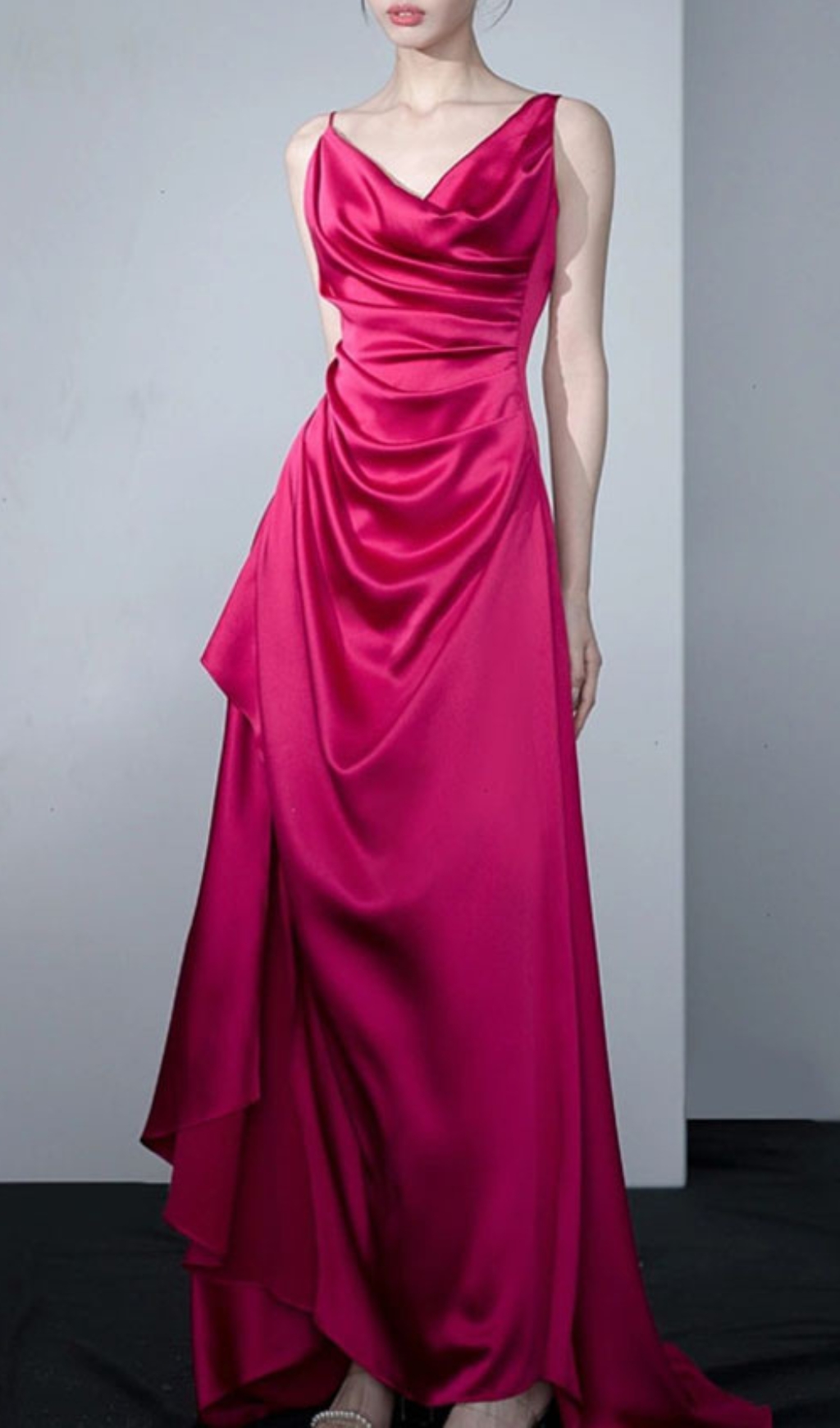 Fashionslee Women Cocheta Rose Red Ruched Satin Maxi Dress