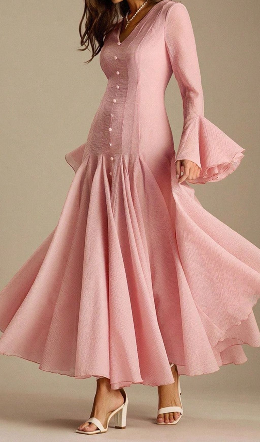 Fashionslee Women Lane Pink V-Neck Long Sleeve Maxi Dress
