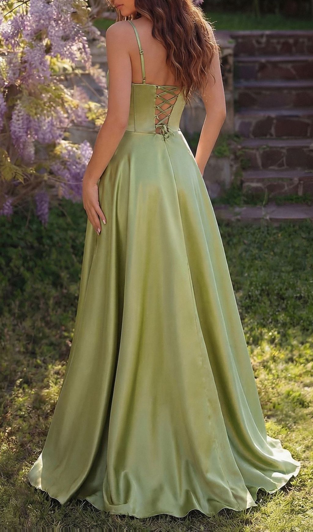 Fashionslee Women Lale Green Strappy Corset Satin Maxi Dress