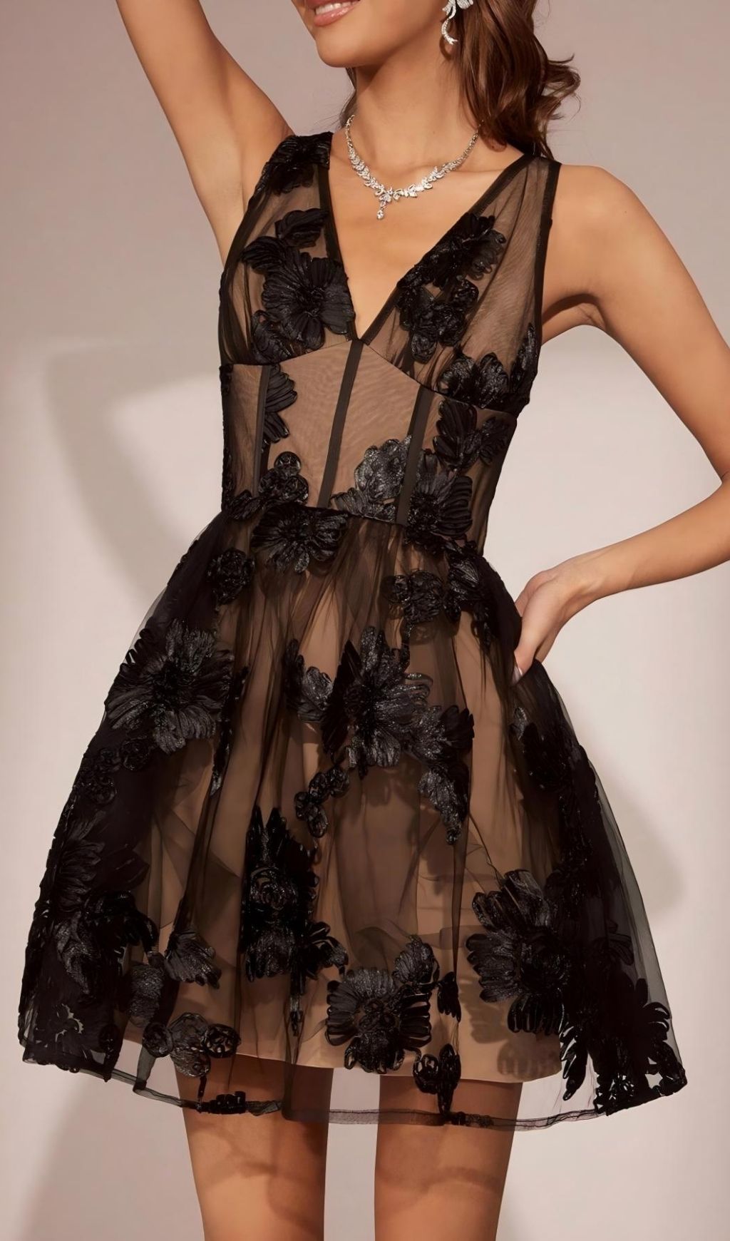 Fashionslee Women Lamaria Black Sleeveless Flower Mesh Mini Dress