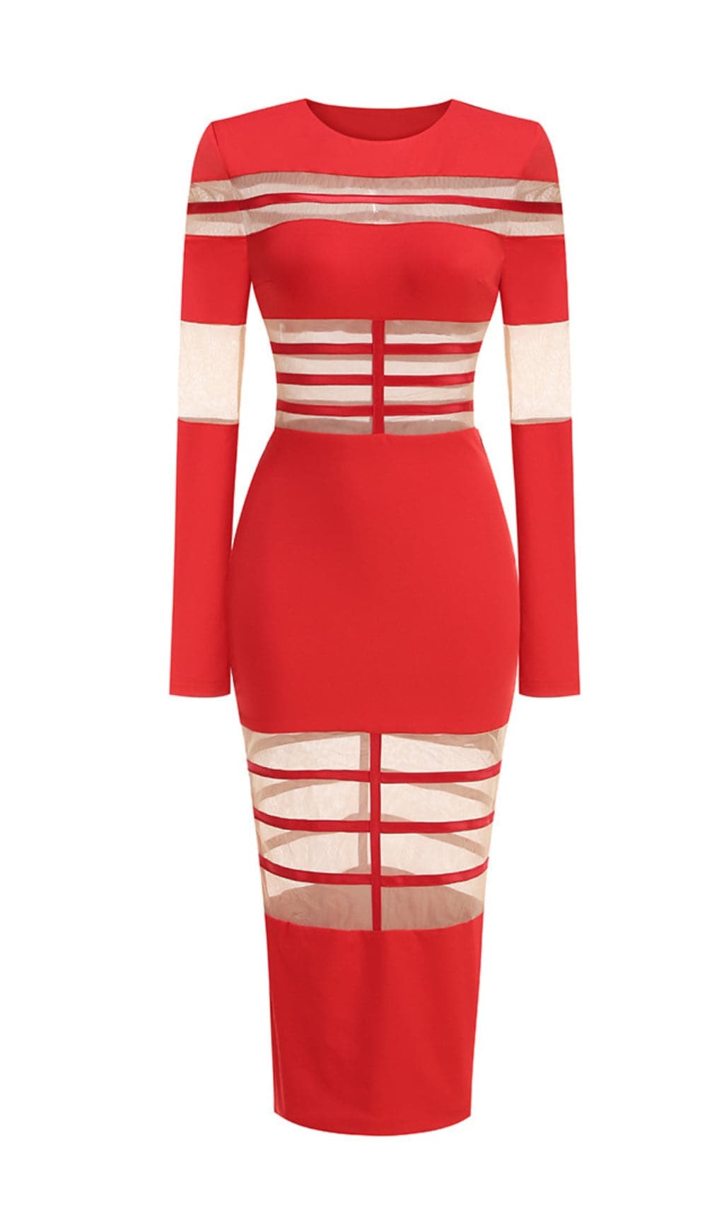Fashionslee Women Banan Long Sleeve Mesh Bodycon Midi Dress