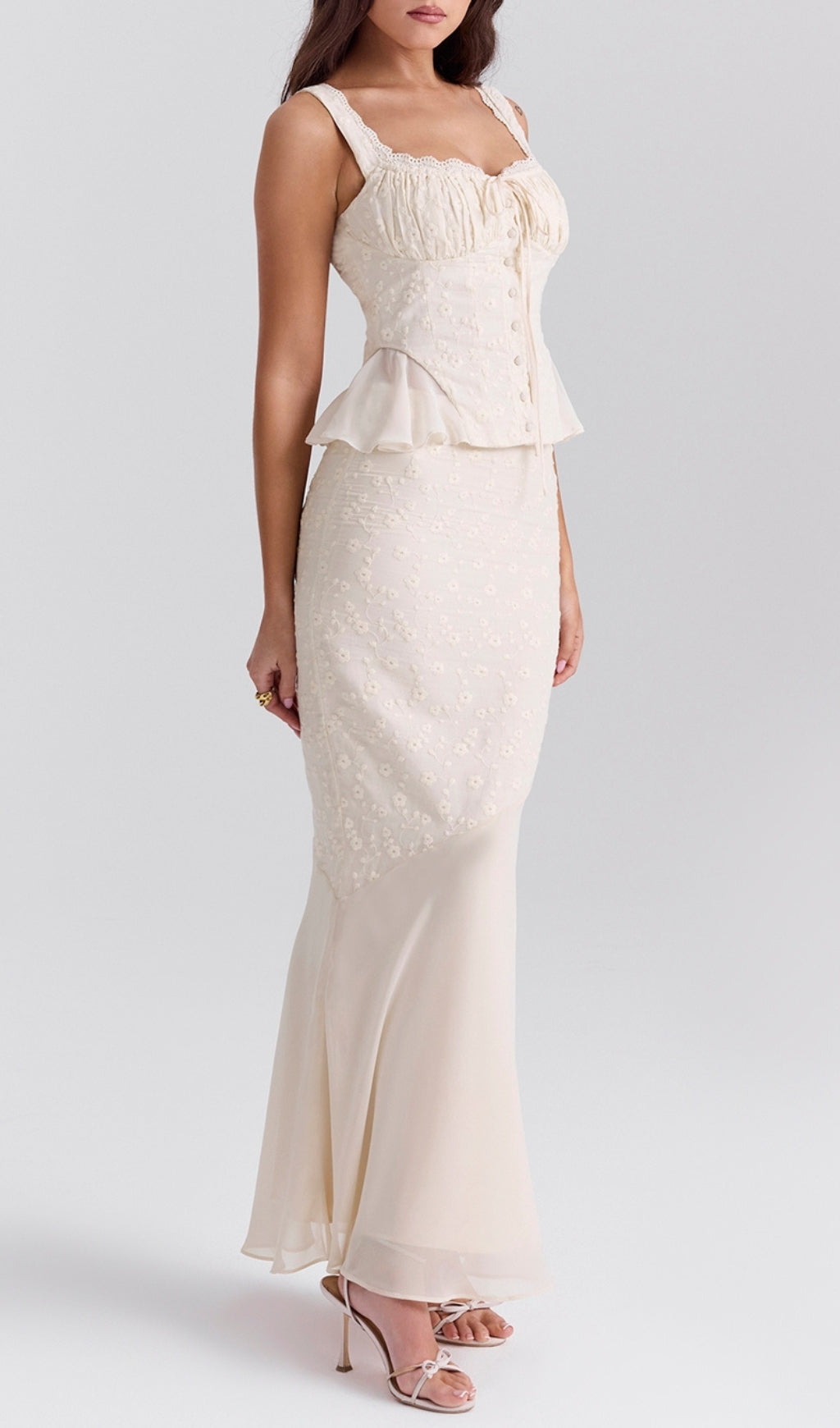 Fashionslee Women Bian Vintage Cream Cotton Broderie Anglais Maxi Skirt Set