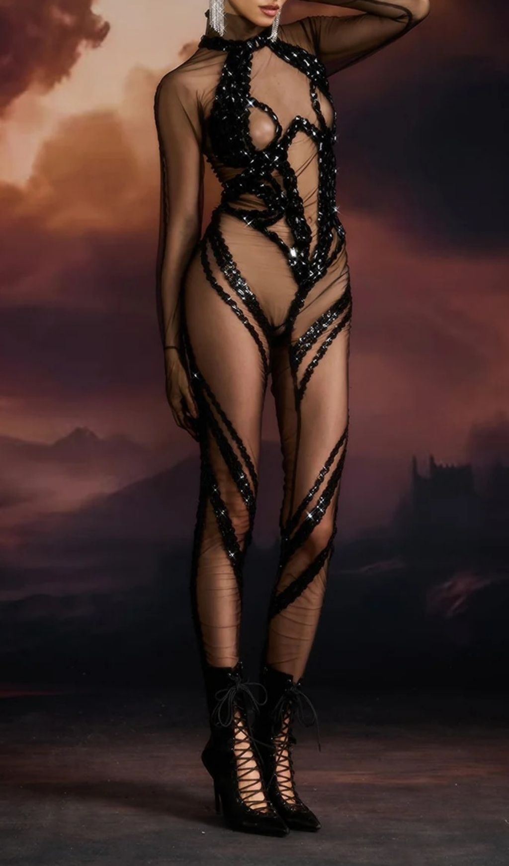 Fashionslee Women Emanita Mesh Crystal Jumpsuit