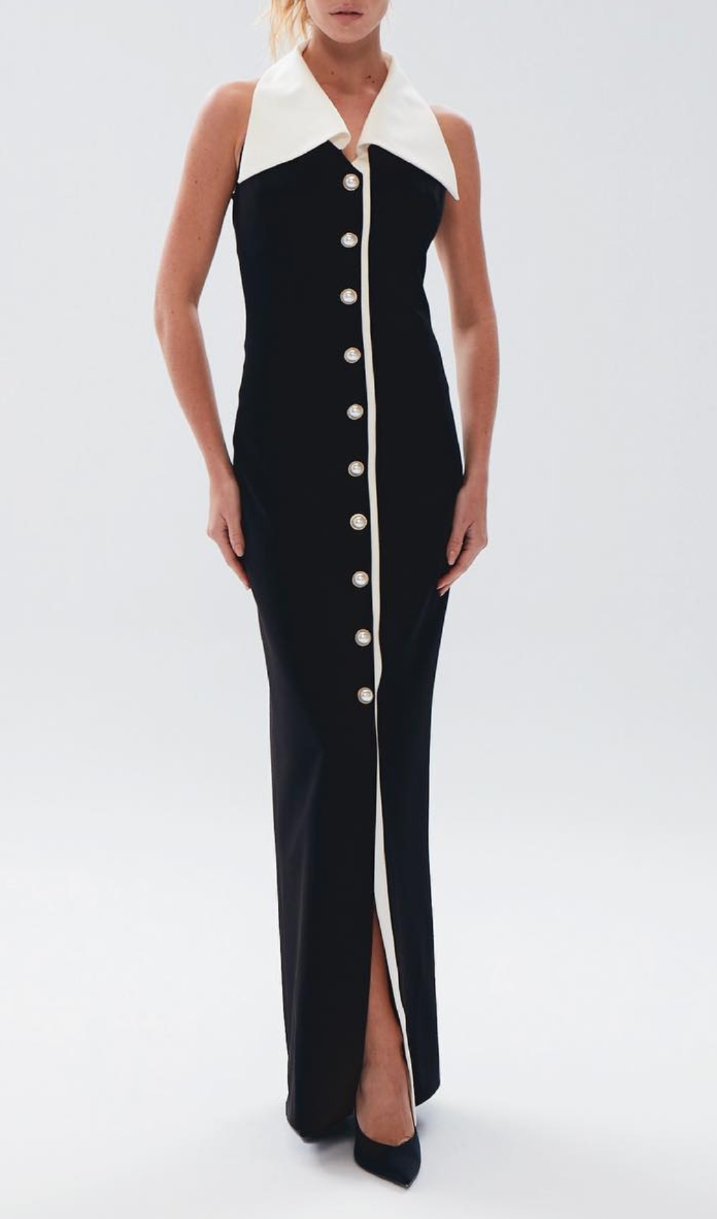 Fashionslee Women Cleone Black Halter Button Maxi Dress