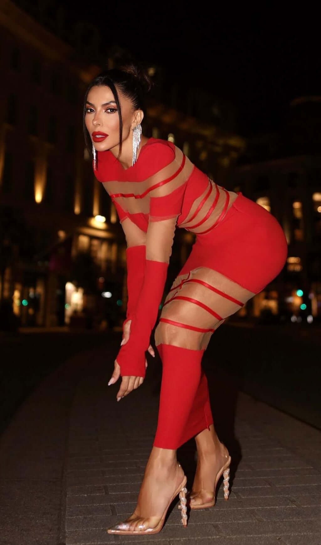 Fashionslee Women Banan Long Sleeve Mesh Bodycon Midi Dress